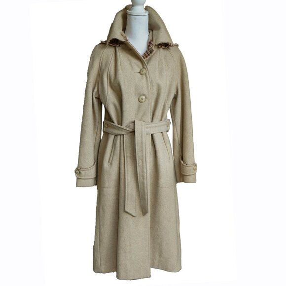 Vintage 70s Union Made Coat Tan WoolLong Nylon Plaid Lined Hooded Trench Coat
